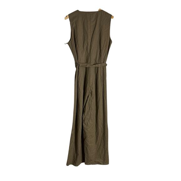 Tahari Olive Green Linen Blend Sleeveless V-Neck Belted Tie Waist Jumpsuit 4 - Picture 9 of 9